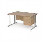 Maestro 25 left hand wave desk 1400mm wide with 3 drawer pedestal - silver cantilever leg frame, Kendal oak top MC14WLP3SKO