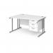 Maestro 25 left hand wave desk 1400mm wide with 3 drawer pedestal - silver cantilever leg frame, white top MC14WLP3SWH