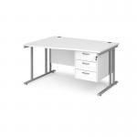 Maestro 25 left hand wave desk 1400mm wide with 3 drawer pedestal - silver cantilever leg frame, white top MC14WLP3SWH
