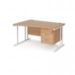 Maestro 25 left hand wave desk 1400mm wide with 3 drawer pedestal - white cantilever leg frame, beech top MC14WLP3WHB