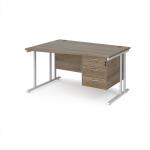 Maestro 25 left hand wave desk 1400mm wide with 3 drawer pedestal - white cantilever leg frame, Nebraska oak top MC14WLP3WHNO