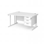 Maestro 25 left hand wave desk 1400mm wide with 3 drawer pedestal - white cantilever leg frame, white top MC14WLP3WHWH