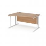 Maestro 25 left hand wave desk 1400mm wide - white cantilever leg frame, beech top MC14WLWHB