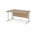 Maestro 25 left hand wave desk 1400mm wide - white cantilever leg frame, Kendal oak top MC14WLWHKO