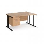 Maestro 25 right hand wave desk 1400mm wide with 2 drawer pedestal - black cantilever leg frame, beech top MC14WRP2KB