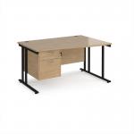 Maestro 25 right hand wave desk 1400mm wide with 2 drawer pedestal - black cantilever leg frame, Kendal oak top MC14WRP2KKO