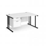Maestro 25 right hand wave desk 1400mm wide with 2 drawer pedestal - black cantilever leg frame, white top MC14WRP2KWH