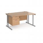 Maestro 25 right hand wave desk 1400mm wide with 2 drawer pedestal - silver cantilever leg frame, beech top MC14WRP2SB