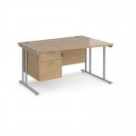 Maestro 25 right hand wave desk 1400mm wide with 2 drawer pedestal - silver cantilever leg frame, Kendal oak top MC14WRP2SKO