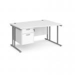Maestro 25 right hand wave desk 1400mm wide with 2 drawer pedestal - silver cantilever leg frame, white top MC14WRP2SWH