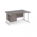 Maestro 25 right hand wave desk 1400mm wide with 2 drawer pedestal - white cantilever leg frame, grey oak top MC14WRP2WHGO