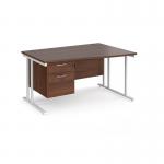 Maestro 25 right hand wave desk 1400mm wide with 2 drawer pedestal - white cantilever leg frame, walnut top MC14WRP2WHW