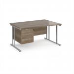 Maestro 25 right hand wave desk 1400mm wide with 3 drawer pedestal - silver cantilever leg frame, Nebraska oak top MC14WRP3SNO