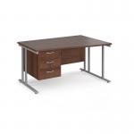 Maestro 25 right hand wave desk 1400mm wide with 3 drawer pedestal - silver cantilever leg frame, walnut top MC14WRP3SW