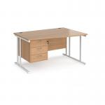 Maestro 25 right hand wave desk 1400mm wide with 3 drawer pedestal - white cantilever leg frame, beech top MC14WRP3WHB