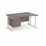 Maestro 25 right hand wave desk 1400mm wide with 3 drawer pedestal - white cantilever leg frame, grey oak top MC14WRP3WHGO