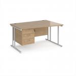 Maestro 25 right hand wave desk 1400mm wide with 3 drawer pedestal - white cantilever leg frame, Kendal oak top MC14WRP3WHKO