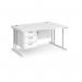 Maestro 25 right hand wave desk 1400mm wide with 3 drawer pedestal - white cantilever leg frame, white top MC14WRP3WHWH