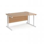 Maestro 25 right hand wave desk 1400mm wide - white cantilever leg frame, beech top MC14WRWHB
