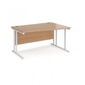 Maestro 25 right hand wave desk 1400mm wide - white cantilever leg frame, beech top MC14WRWHB