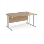 Maestro 25 right hand wave desk 1400mm wide - white cantilever leg frame, Kendal oak top MC14WRWHKO