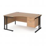 Maestro 25 left hand ergonomic desk 1600mm wide with 2 drawer pedestal - black cantilever leg frame and beech top