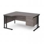Maestro 25 left hand ergonomic desk 1600mm wide with 2 drawer pedestal - black cantilever leg frame, grey oak top MC16ELP2KGO