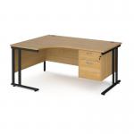 Maestro 25 left hand ergonomic desk 1600mm wide with 2 drawer pedestal - black cantilever leg frame, oak top MC16ELP2KO