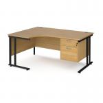 Maestro 25 left hand ergonomic desk 1600mm wide with 2 drawer pedestal - black cantilever leg frame, oak top MC16ELP2KO