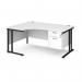 Maestro 25 left hand ergonomic desk 1600mm wide with 2 drawer pedestal - black cantilever leg frame, white top MC16ELP2KWH