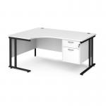 Maestro 25 left hand ergonomic desk 1600mm wide with 2 drawer pedestal - black cantilever leg frame, white top MC16ELP2KWH