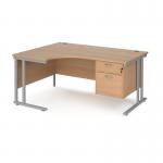 Maestro 25 left hand ergonomic desk 1600mm wide with 2 drawer pedestal - silver cantilever leg frame and beech top