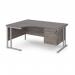 Maestro 25 left hand ergonomic desk 1600mm wide with 2 drawer pedestal - silver cantilever leg frame, grey oak top MC16ELP2SGO