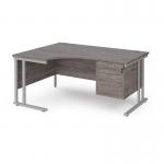 Maestro 25 left hand ergonomic desk 1600mm wide with 2 drawer pedestal - silver cantilever leg frame and grey oak top