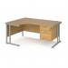 Maestro 25 left hand ergonomic desk 1600mm wide with 2 drawer pedestal - silver cantilever leg frame, oak top MC16ELP2SO