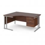 Maestro 25 left hand ergonomic desk 1600mm wide with 2 drawer pedestal - silver cantilever leg frame, walnut top MC16ELP2SW