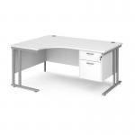 Maestro 25 left hand ergonomic desk 1600mm wide with 2 drawer pedestal - silver cantilever leg frame and white top