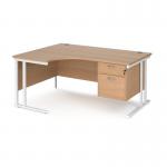 Maestro 25 left hand ergonomic desk 1600mm wide with 2 drawer pedestal - white cantilever leg frame, beech top MC16ELP2WHB