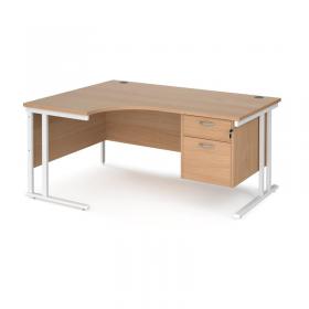 Maestro 25 left hand ergonomic desk 1600mm wide with 2 drawer pedestal - white cantilever leg frame, beech top MC16ELP2WHB