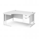 Maestro 25 left hand ergonomic desk 1600mm wide with 2 drawer pedestal - white cantilever leg frame, white top MC16ELP2WHWH