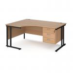 Maestro 25 left hand ergonomic desk 1600mm wide with 3 drawer pedestal - black cantilever leg frame, beech top MC16ELP3KB