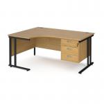 Maestro 25 left hand ergonomic desk 1600mm wide with 3 drawer pedestal - black cantilever leg frame, oak top MC16ELP3KO