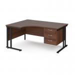 Maestro 25 left hand ergonomic desk 1600mm wide with 3 drawer pedestal - black cantilever leg frame, walnut top MC16ELP3KW