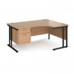 Maestro 25 right hand ergonomic desk 1600mm wide with 2 drawer pedestal - black cantilever leg frame, beech top MC16ERP2KB