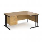 Maestro 25 right hand ergonomic desk 1600mm wide with 2 drawer pedestal - black cantilever leg frame, oak top MC16ERP2KO