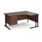 Maestro 25 right hand ergonomic desk 1600mm wide with 2 drawer pedestal - black cantilever leg frame, walnut top MC16ERP2KW