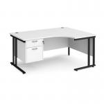 Maestro 25 right hand ergonomic desk 1600mm wide with 2 drawer pedestal - black cantilever leg frame, white top MC16ERP2KWH