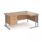 Maestro 25 right hand ergonomic desk 1600mm wide with 2 drawer pedestal - silver cantilever leg frame, beech top MC16ERP2SB