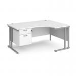 Maestro 25 right hand ergonomic desk 1600mm wide with 2 drawer pedestal - silver cantilever leg frame, white top MC16ERP2SWH