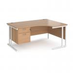 Maestro 25 right hand ergonomic desk 1600mm wide with 2 drawer pedestal - white cantilever leg frame, beech top MC16ERP2WHB